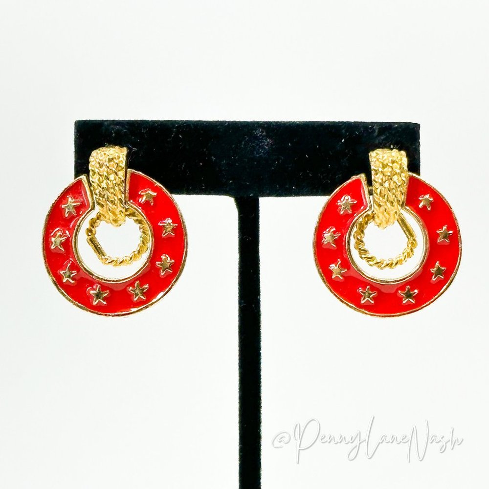 Vintage Golden Star in Red Bulls Eye Earrings - Picture 1 of 9
